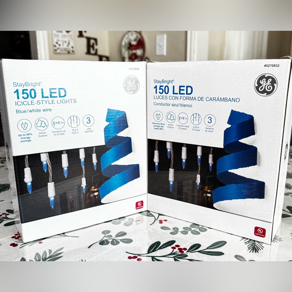 GE StayBright "Set of 2 box" 150 LED Icicle-Style Lights Blue with White Wire